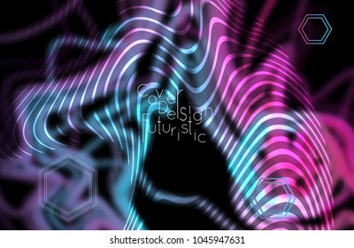 Abstract banner template with blurred curvy lines and geometric shapes. Poster with gradient neon colored  lines like tangled threads. Bright colorful shapes with marble texture.