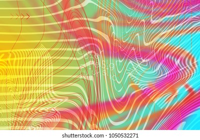 Abstract banner template with blurred curvy lines and geometric shapes. Poster with gradient neon colored  lines like tangled threads. Bright colorful shapes with marble texture.