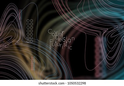 Abstract banner template with blurred curvy lines and geometric shapes. Poster with gradient neon colored  lines like tangled threads. Bright colorful shapes with marble texture.