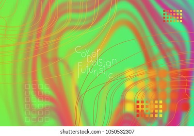 Abstract banner template with blurred curvy lines and geometric shapes. Poster with gradient neon colored  lines like tangled threads. Bright colorful shapes with marble texture.