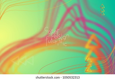 Abstract banner template with blurred curvy lines and geometric shapes. Poster with gradient neon colored  lines like tangled threads. Bright colorful shapes with marble texture.