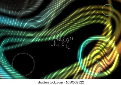 Abstract banner template with blurred curvy lines and geometric shapes. Poster with gradient neon colored  lines like tangled threads. Bright colorful shapes with marble texture.