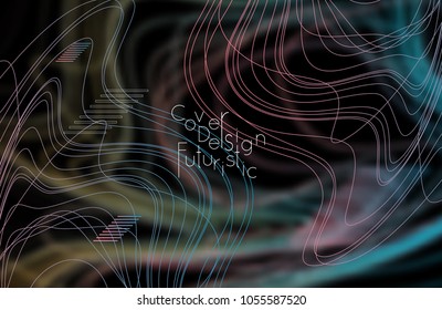 Abstract banner template with blurred curvy lines and geometric shapes. Poster with gradient neon colored  lines like tangled threads. Bright colorful shapes with marble texture.