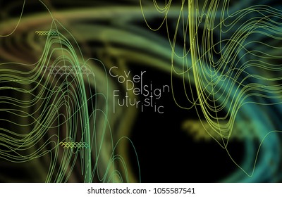 Abstract banner template with blurred curvy lines and geometric shapes. Poster with gradient neon colored  lines like tangled threads. Bright colorful shapes with marble texture.