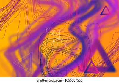 Abstract banner template with blurred curvy lines and geometric shapes. Poster with gradient neon colored  lines like tangled threads. Bright colorful shapes with marble texture.
