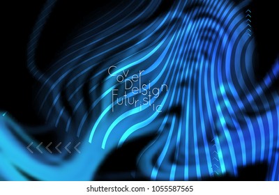 Abstract banner template with blurred curvy lines and geometric shapes. Poster with gradient neon colored  lines like tangled threads. Bright colorful shapes with marble texture.