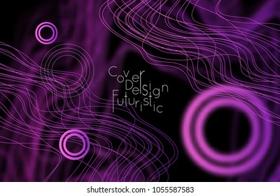 Abstract banner template with blurred curvy lines and geometric shapes. Poster with gradient neon colored  lines like tangled threads. Bright colorful shapes with marble texture.