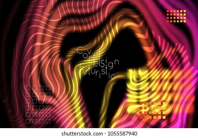 Abstract banner template with blurred curvy lines and geometric shapes. Poster with gradient neon colored  lines like tangled threads. Bright colorful shapes with marble texture.