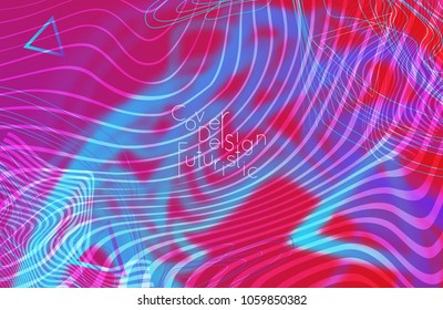 Abstract banner template with blurred curvy lines and geometric shapes. Poster with gradient neon colored  lines like tangled threads. Bright colorful shapes with marble texture.