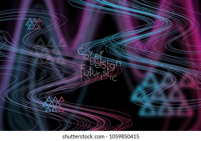 Abstract banner template with blurred curvy lines and geometric shapes. Poster with gradient neon colored  lines like tangled threads. Bright colorful shapes with marble texture.