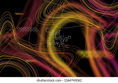 Abstract banner template with blurred curvy lines and geometric shapes. Poster with gradient neon colored  lines like tangled threads. Bright colorful shapes with marble texture.