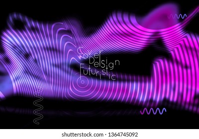 Abstract banner template with blurred curvy lines and geometric shapes. Poster with gradient neon colored  lines like tangled threads. Bright colorful shapes with marble texture.