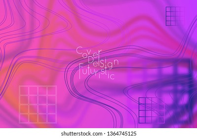 Abstract banner template with blurred curvy lines and geometric shapes. Poster with gradient neon colored  lines like tangled threads. Bright colorful shapes with marble texture.