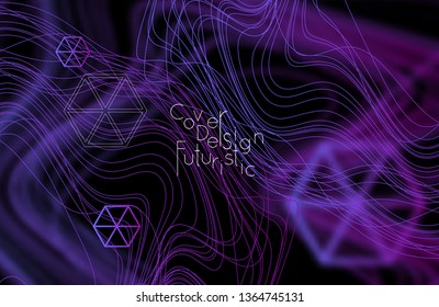 Abstract banner template with blurred curvy lines and geometric shapes. Poster with gradient neon colored  lines like tangled threads. Bright colorful shapes with marble texture.