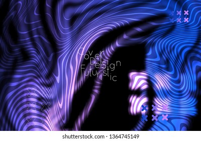 Abstract banner template with blurred curvy lines and geometric shapes. Poster with gradient neon colored  lines like tangled threads. Bright colorful shapes with marble texture.