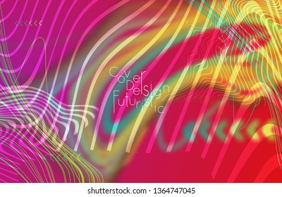 Abstract banner template with blurred curvy lines and geometric shapes. Poster with gradient neon colored  lines like tangled threads. Bright colorful shapes with marble texture.