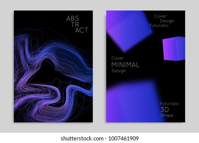 Abstract banner template with blurred geometric shapes. Poster with gradient neon colored  lines like tangled threads. Bright colorful fluid shapes on black background.