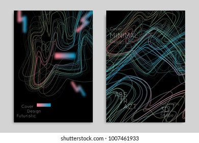 Abstract banner template with blurred geometric shapes. Poster with gradient neon colored  lines like tangled threads. Bright colorful fluid shapes on black background.