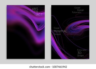 Abstract banner template with blurred geometric shapes. Poster with gradient neon colored  lines like tangled threads. Bright colorful fluid shapes on black background.