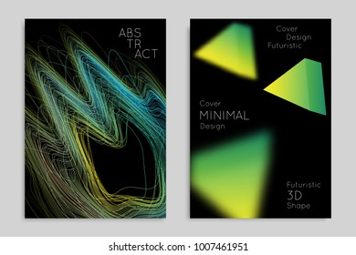 Abstract banner template with blurred geometric shapes. Poster with gradient neon colored  lines like tangled threads. Bright colorful fluid shapes on black background.