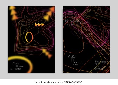 Abstract banner template with blurred geometric shapes. Poster with gradient neon colored  lines like tangled threads. Bright colorful fluid shapes on black background.