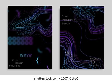 Abstract banner template with blurred geometric shapes. Poster with gradient neon colored  lines like tangled threads. Bright colorful fluid shapes on black background.