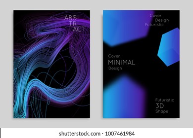 Abstract banner template with blurred geometric shapes. Poster with gradient neon colored  lines like tangled threads. Bright colorful fluid shapes on black background.