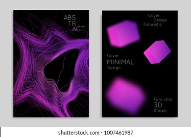 Abstract banner template with blurred geometric shapes. Poster with gradient neon colored  lines like tangled threads. Bright colorful fluid shapes on black background.