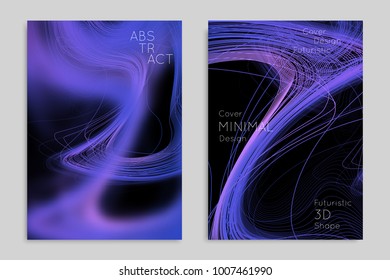 Abstract banner template with blurred geometric shapes. Poster with gradient neon colored  lines like tangled threads. Bright colorful fluid shapes on black background.