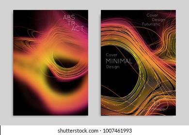 Abstract banner template with blurred geometric shapes. Poster with gradient neon colored  lines like tangled threads. Bright colorful fluid shapes on black background.