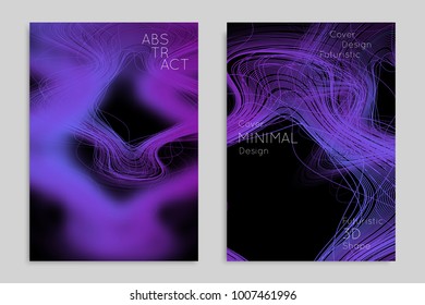 Abstract banner template with blurred geometric shapes. Poster with gradient neon colored  lines like tangled threads. Bright colorful fluid shapes on black background.