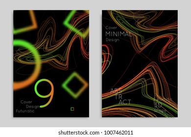 Abstract banner template with blurred geometric shapes. Poster with gradient neon colored  lines like tangled threads. Bright colorful fluid shapes on black background.