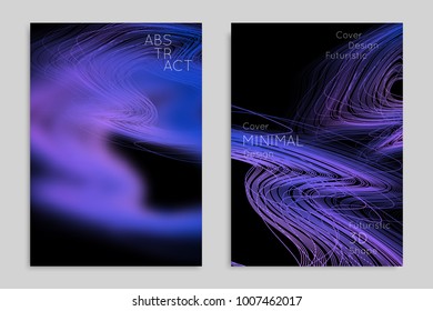 Abstract banner template with blurred geometric shapes. Poster with gradient neon colored  lines like tangled threads. Bright colorful fluid shapes on black background.