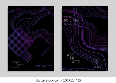 Abstract banner template with blurred geometric shapes. Poster with gradient neon colored  lines like tangled threads. Bright colorful fluid shapes on black background.
