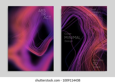 Abstract banner template with blurred geometric shapes. Poster with gradient neon colored  lines like tangled threads. Bright colorful fluid shapes on black background.