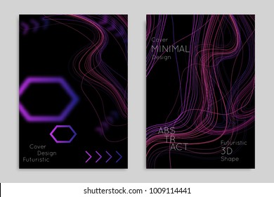 Abstract banner template with blurred geometric shapes. Poster with gradient neon colored  lines like tangled threads. Bright colorful fluid shapes on black background.