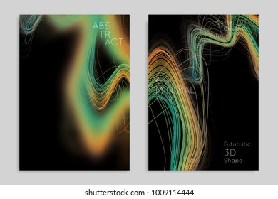 Abstract banner template with blurred geometric shapes. Poster with gradient neon colored  lines like tangled threads. Bright colorful fluid shapes on black background.
