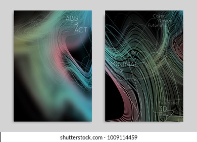 Abstract banner template with blurred geometric shapes. Poster with gradient neon colored  lines like tangled threads. Bright colorful fluid shapes on black background.