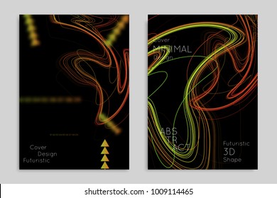 Abstract banner template with blurred geometric shapes. Poster with gradient neon colored  lines like tangled threads. Bright colorful fluid shapes on black background.