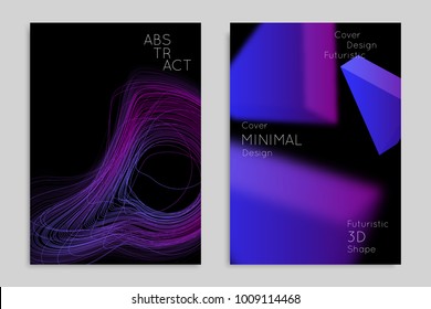 Abstract banner template with blurred geometric shapes. Poster with gradient neon colored  lines like tangled threads. Bright colorful fluid shapes on black background.