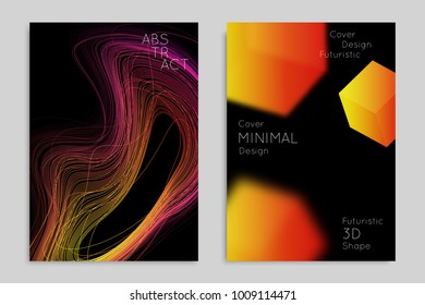 Abstract banner template with blurred geometric shapes. Poster with gradient neon colored  lines like tangled threads. Bright colorful fluid shapes on black background.