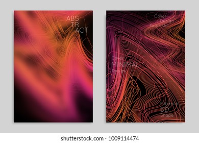 Abstract banner template with blurred geometric shapes. Poster with gradient neon colored  lines like tangled threads. Bright colorful fluid shapes on black background.