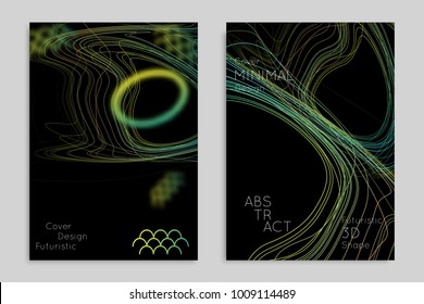 Abstract banner template with blurred geometric shapes. Poster with gradient neon colored  lines like tangled threads. Bright colorful fluid shapes on black background.