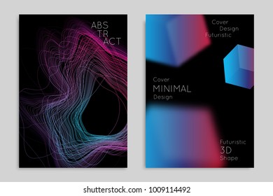 Abstract banner template with blurred geometric shapes. Poster with gradient neon colored  lines like tangled threads. Bright colorful fluid shapes on black background.