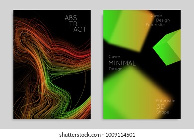 Abstract banner template with blurred geometric shapes. Poster with gradient neon colored  lines like tangled threads. Bright colorful fluid shapes on black background.
