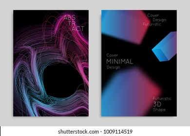 Abstract banner template with blurred geometric shapes. Poster with gradient neon colored  lines like tangled threads. Bright colorful fluid shapes on black background.