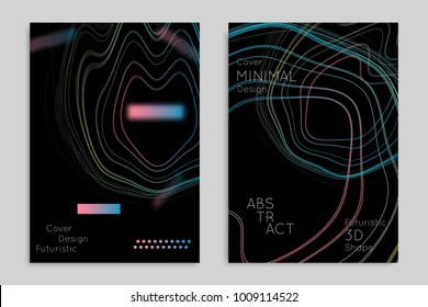 Abstract banner template with blurred geometric shapes. Poster with gradient neon colored  lines like tangled threads. Bright colorful fluid shapes on black background.