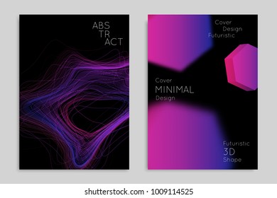 Abstract banner template with blurred geometric shapes. Poster with gradient neon colored  lines like tangled threads. Bright colorful fluid shapes on black background.