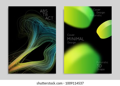 Abstract banner template with blurred geometric shapes. Poster with gradient neon colored  lines like tangled threads. Bright colorful fluid shapes on black background.