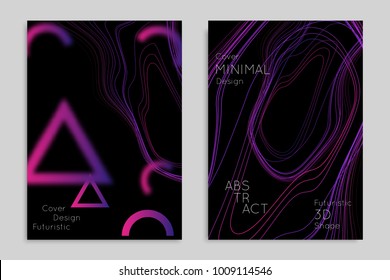 Abstract banner template with blurred geometric shapes. Poster with gradient neon colored  lines like tangled threads. Bright colorful fluid shapes on black background.